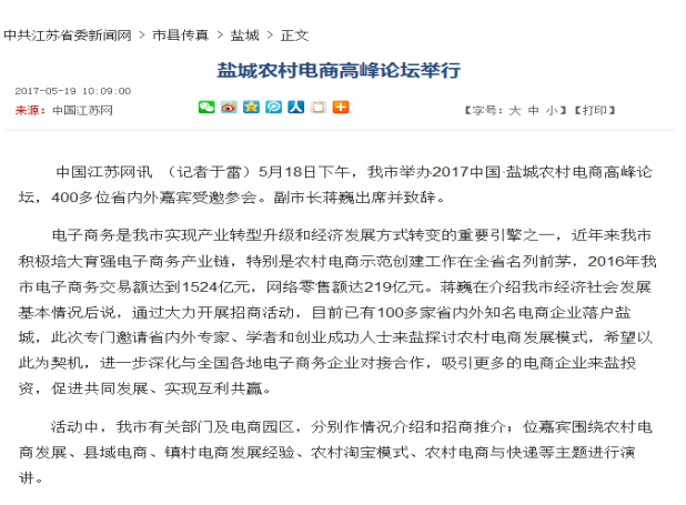盐城农村电商高峰讨论举行